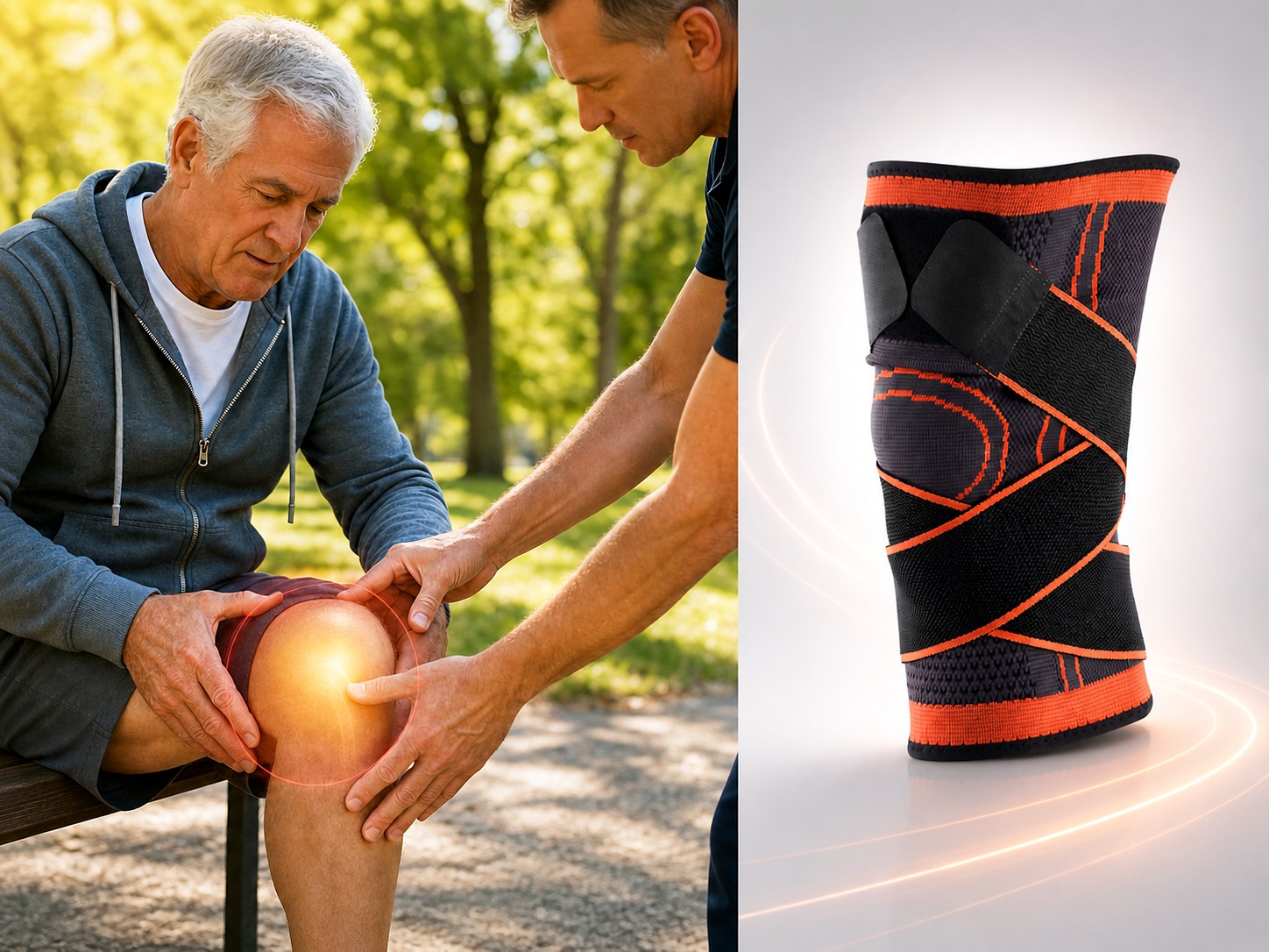 KneeNetic knee sleeve shown with product and knee support